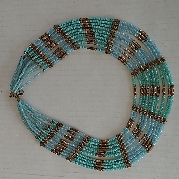 Nine Strand Beaded Necklace Blue/Green/Bronze with 2' Extension - Picture 5 of 7